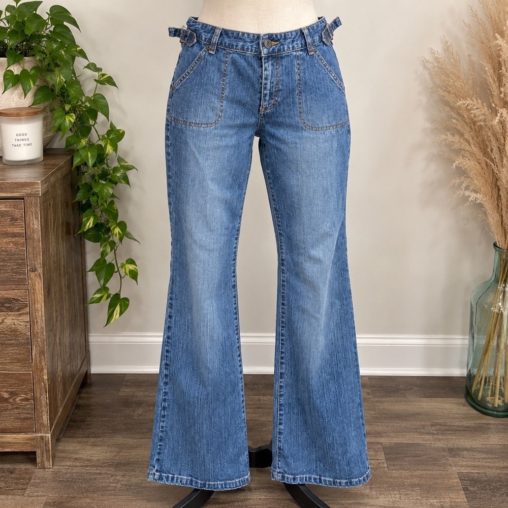 NY Jeans New York & Company Flare Leg Denim Pants Blue Cinch Waist Size 8